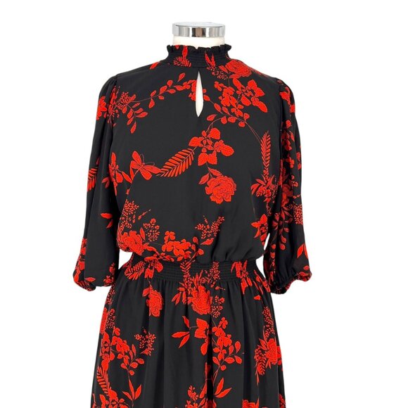 Nanette Lepore Floral Midi A-Line Dress High Neck Black Red Size 12 - Picture 2 of 12